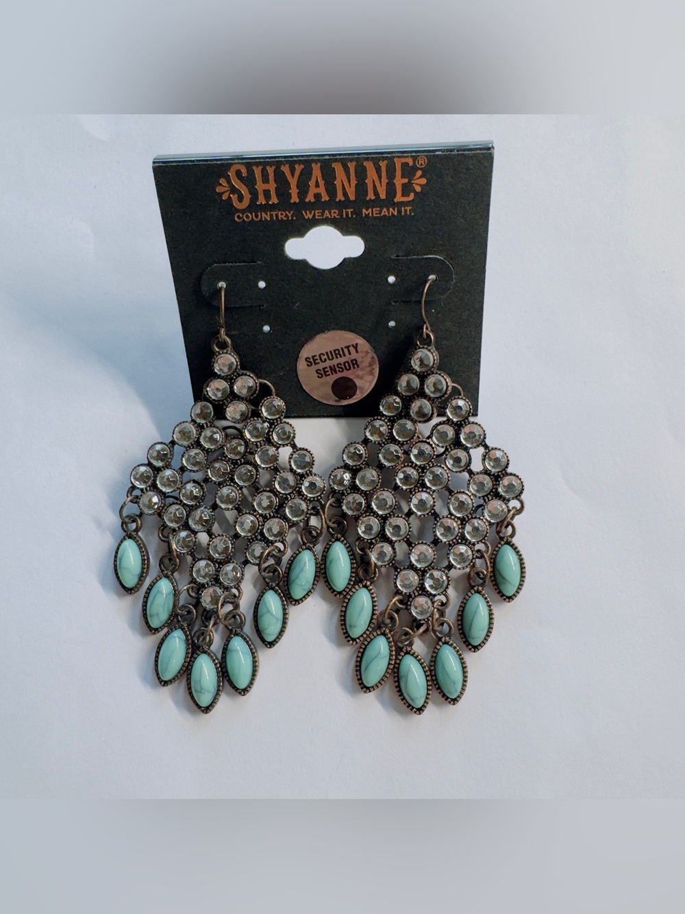3.5” Shyanne Rust Copper Turquoise Teardrop & Clear Crystal Chandelier Earrings